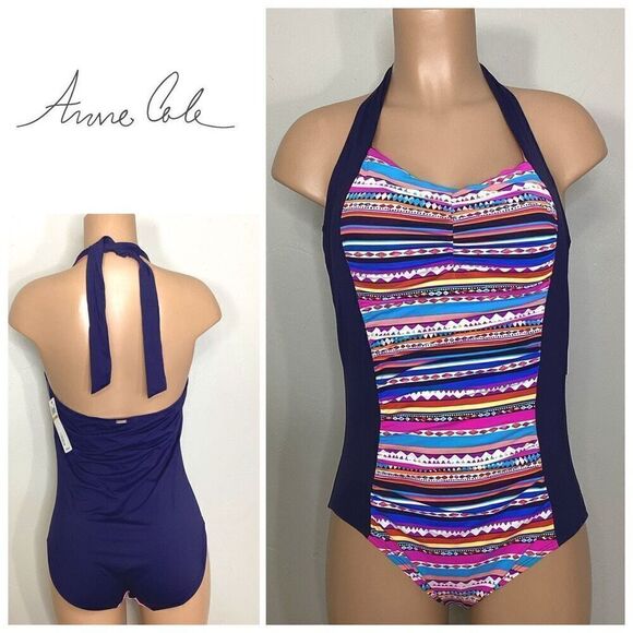 New. Anne Cole navy and stripe swimsuit. Size 16W. Retails $119 - Picture 1 of 10
